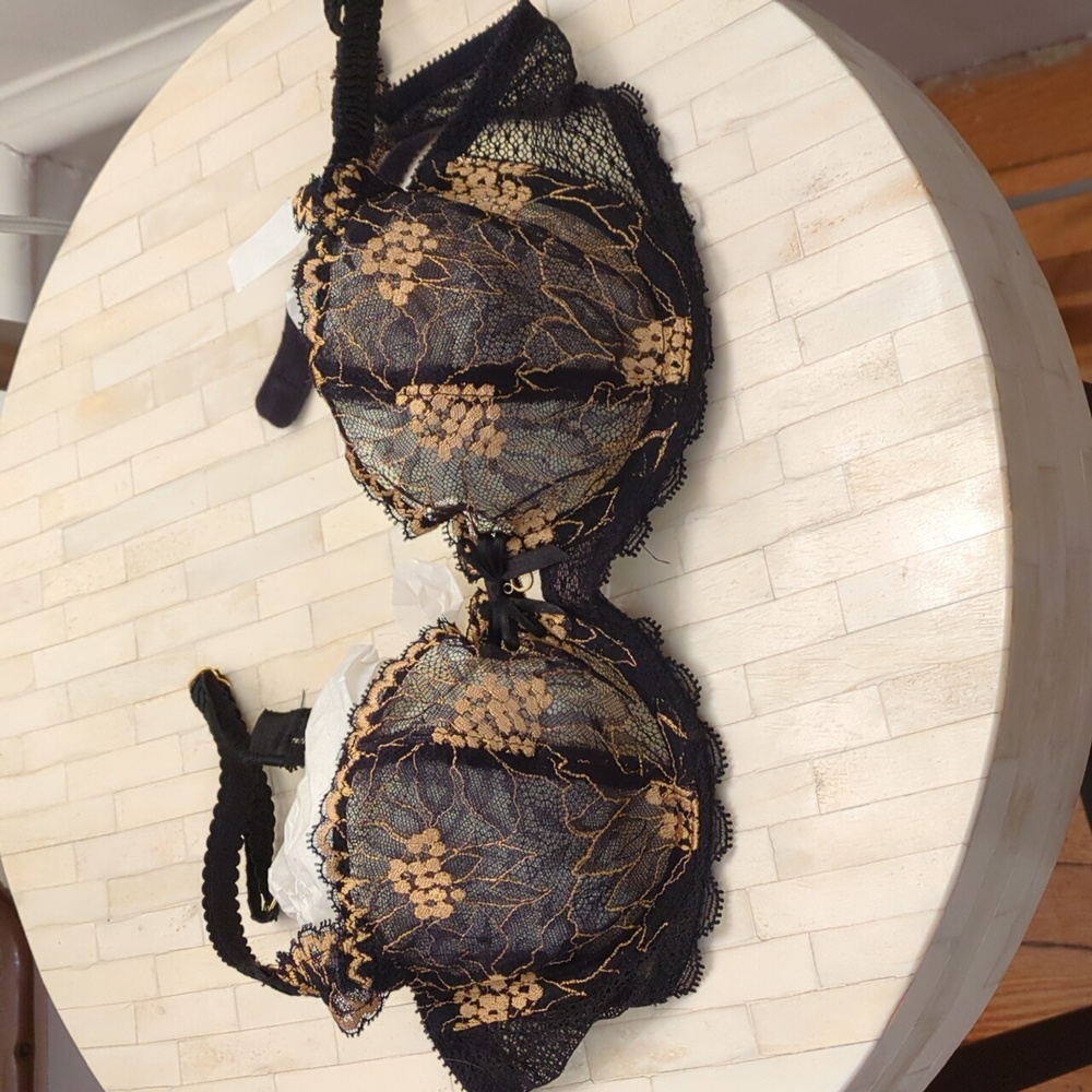 Chantelle Embroidered Lace Black Nude Bra 34B Like New! Unlined Sheer